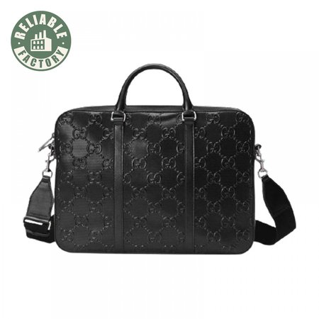 Gucci GG Embossed Briefcase Black Leather Cotton Linen Lining - GBC005