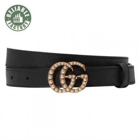 GUCCI BLACK FAUX PEARL-EMBELLISHED LEATHER BELT - B44
